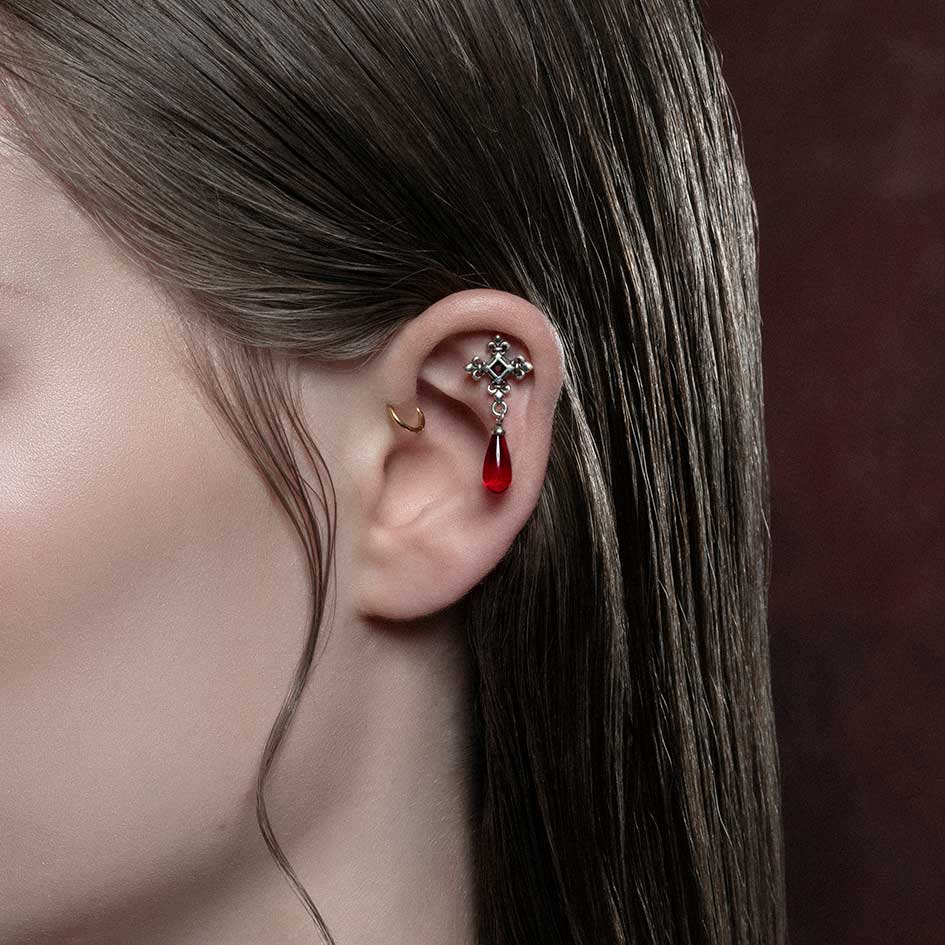 silver fleur de lis garnet stud earring