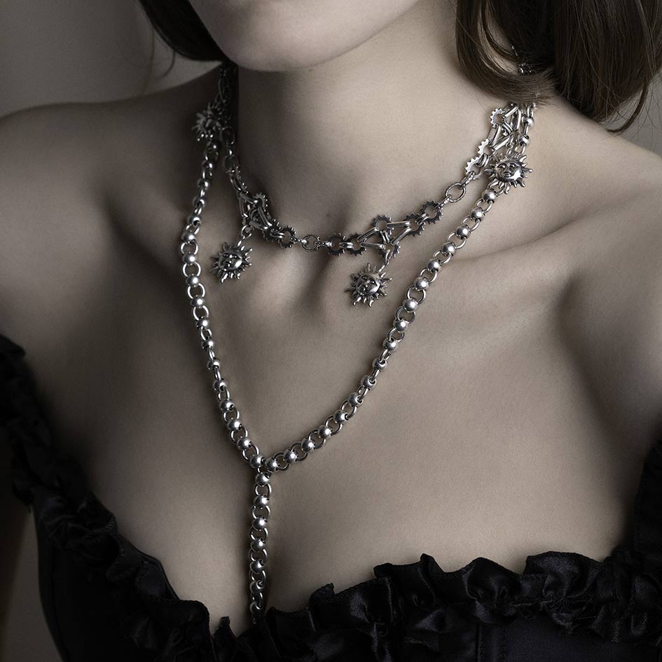 Silver solar sun charm collar layered necklaces