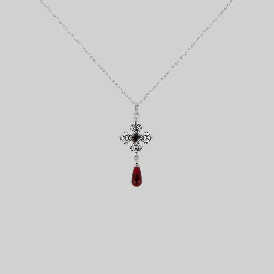 CRIMSON. Fleur de Lis Garnet Collar - Silver silver fleur-de-lis red glass garnet cross collar