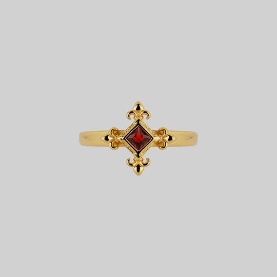 CRIMSON. Medieval Fleur de Lis Garnet Ring - Gold