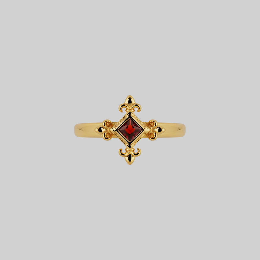 CRIMSON. Medieval Fleur de Lis Garnet Ring - Gold