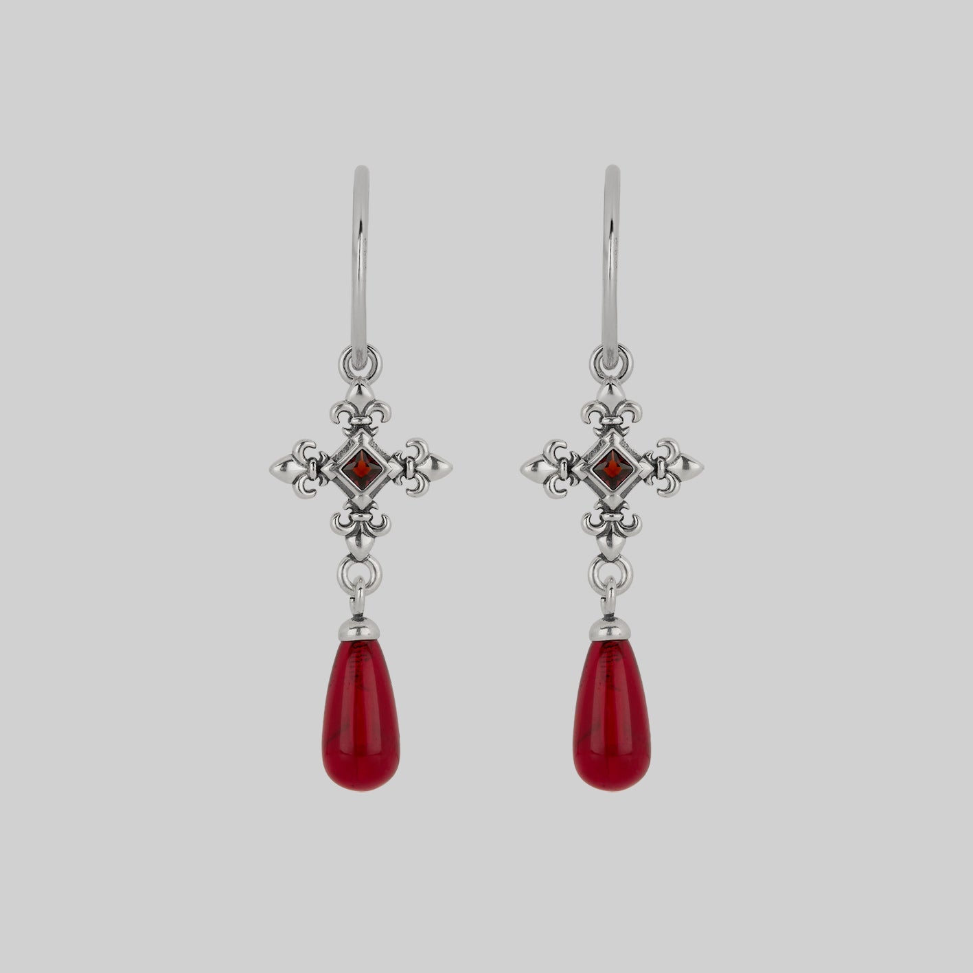 silver medieval cross garnet hoop earrings