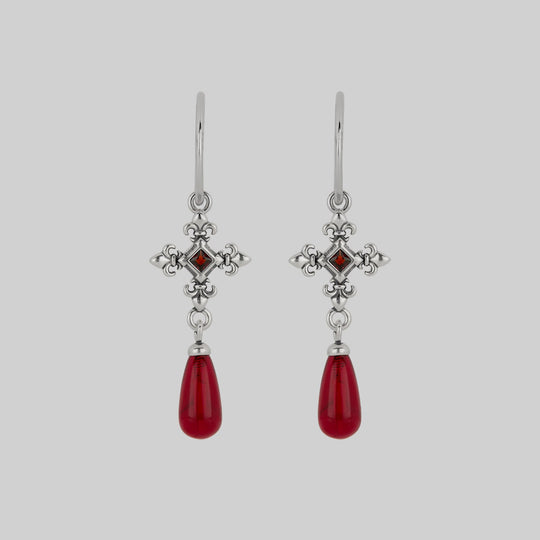 CRIMSON. Medieval Garnet Hoop Earrings - Silver