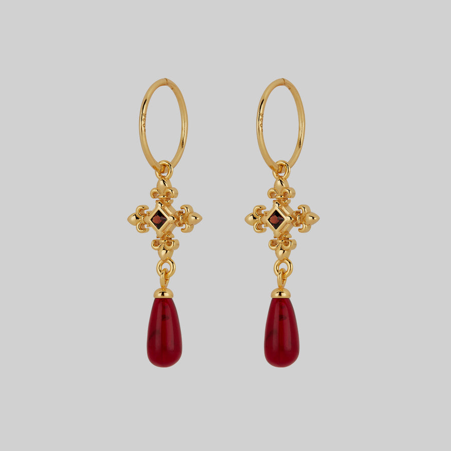 CRIMSON. Medieval Garnet Hoop Earrings - Gold gold fleur de lis garnet drop earrings