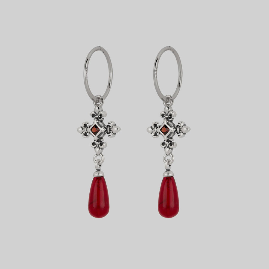medieval cross garnet hoop earrings