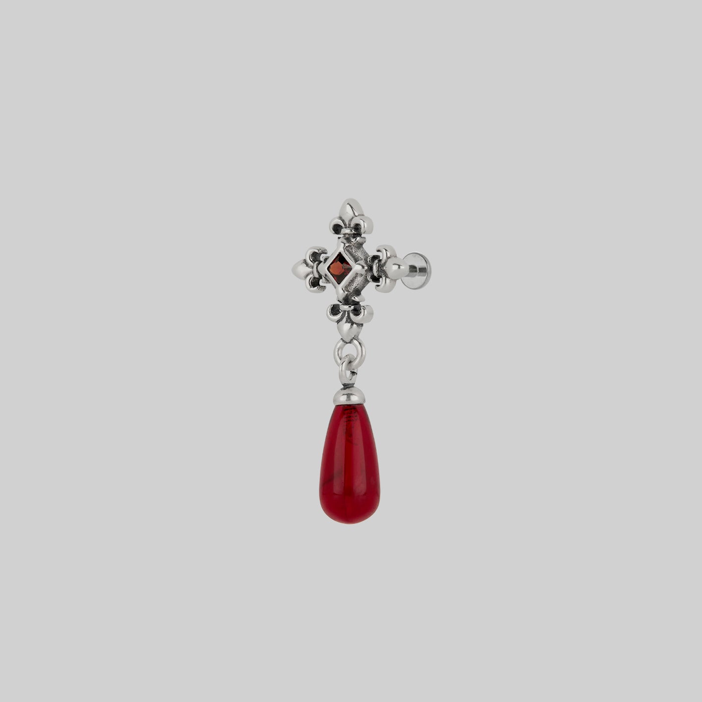 silver medieval cross garnet stud earring