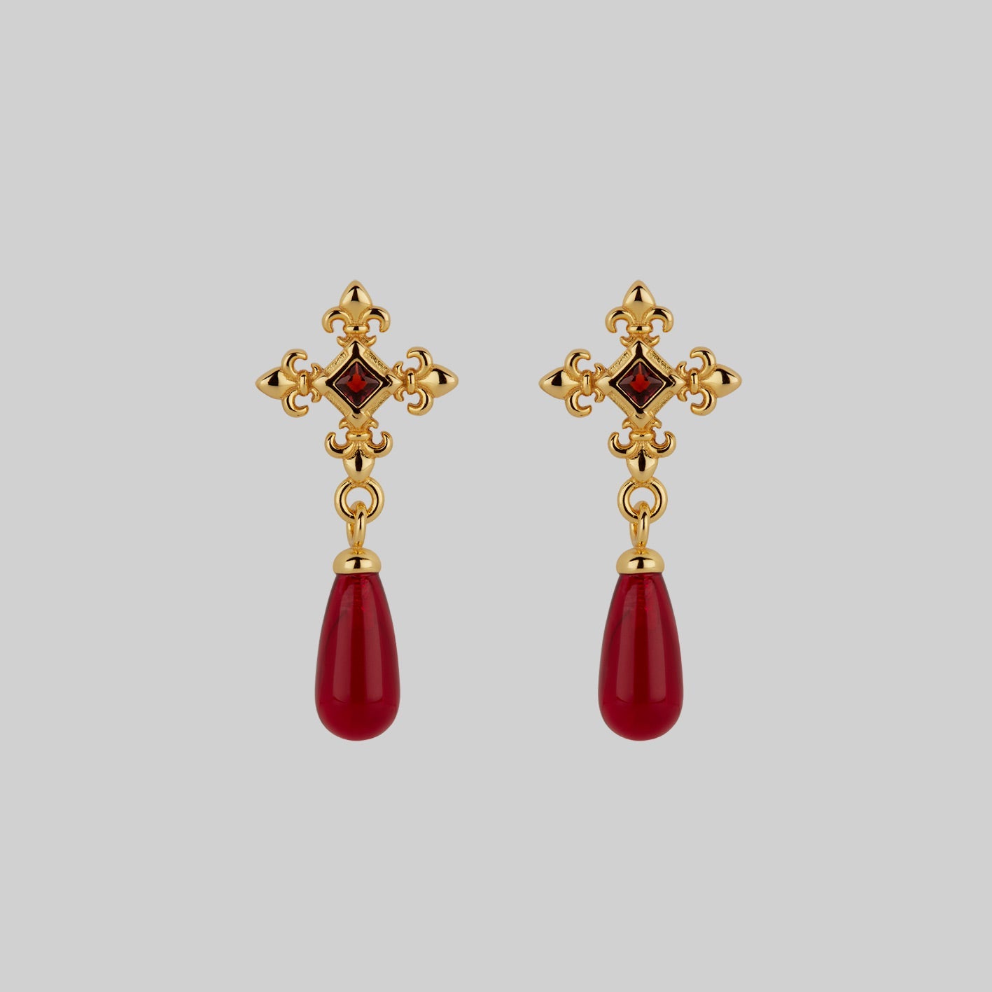 gold medieval cross red glass garnet stud earrings