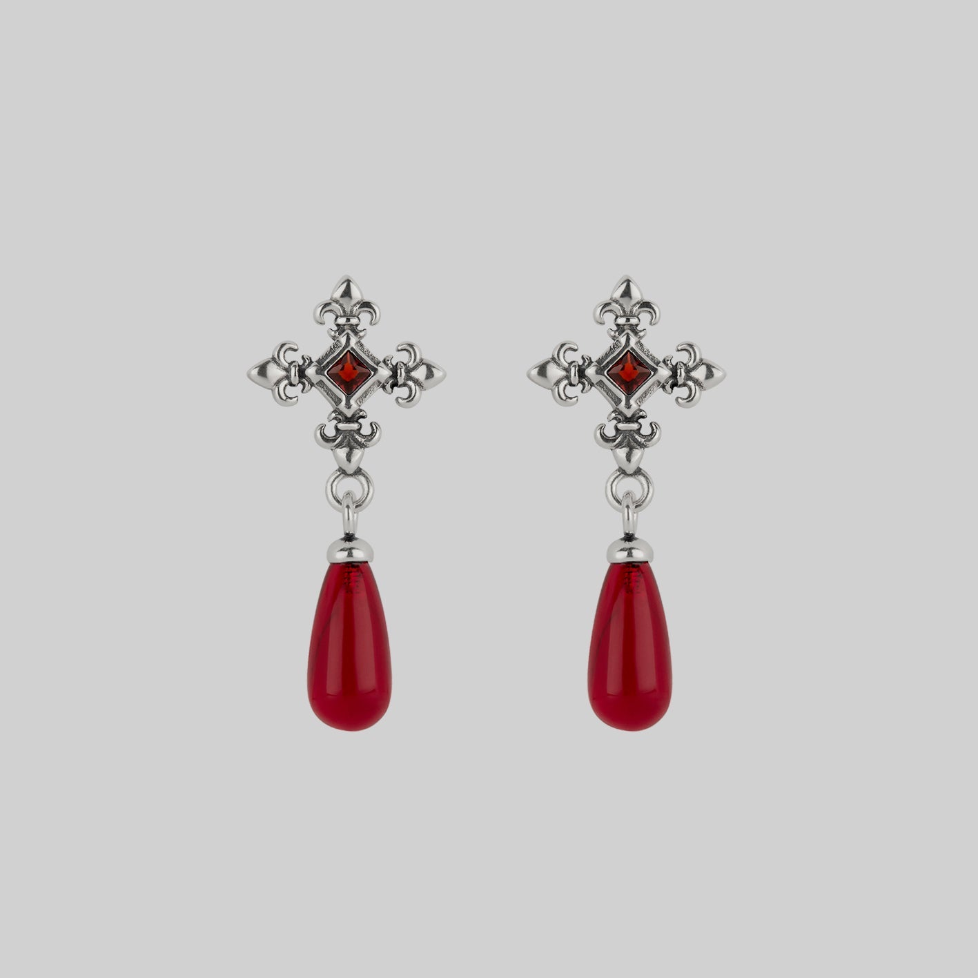 silver medieval cross garnet stud earrings