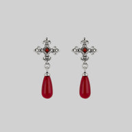 silver medieval cross garnet stud earrings
