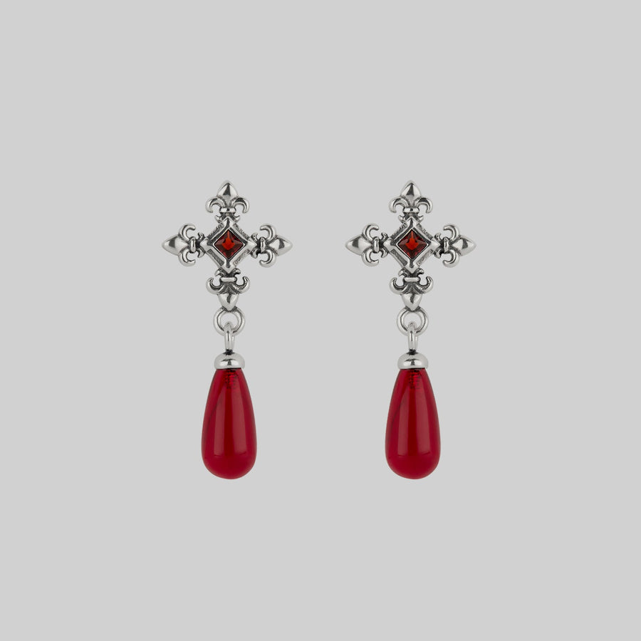 silver medieval cross garnet stud earrings