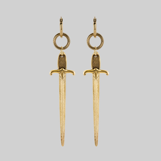 DEMISE. Sword Drop Hoop Earrings - Gold