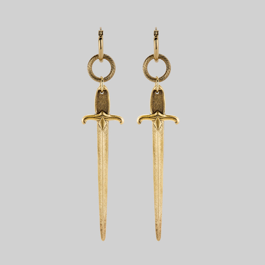 DEMISE. Sword Drop Hoop Earrings - Gold