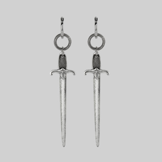 DEMISE. Sword Drop Hoop Earrings - Silver