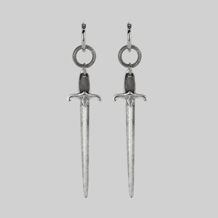 gothic sword hoop earrings silver