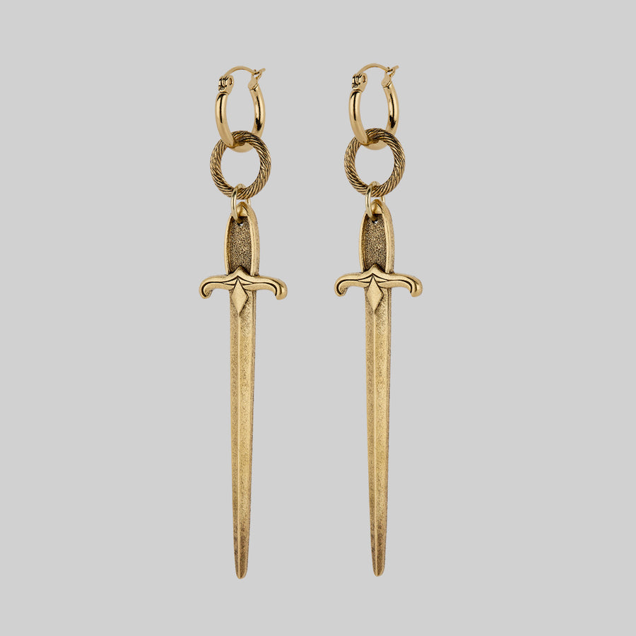 DEMISE. Sword Drop Hoop Earrings - Gold gothic sword hoop earrings gold