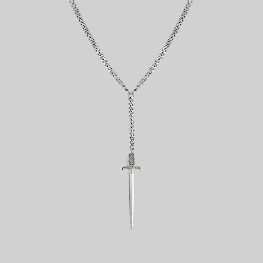 DEMISE. Sword Lariat Necklace - Silver gothic sword lariat drop silver necklace