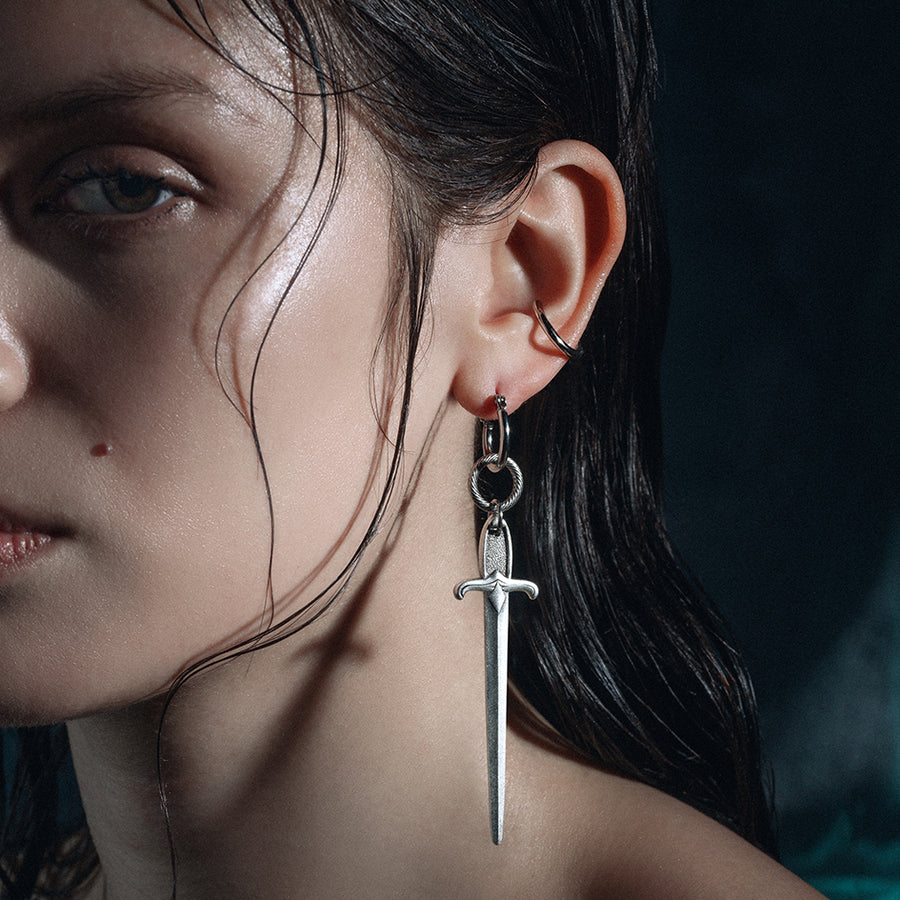 DEMISE. Sword Drop Hoop Earrings - Silver gothic sword hoop earrings silver