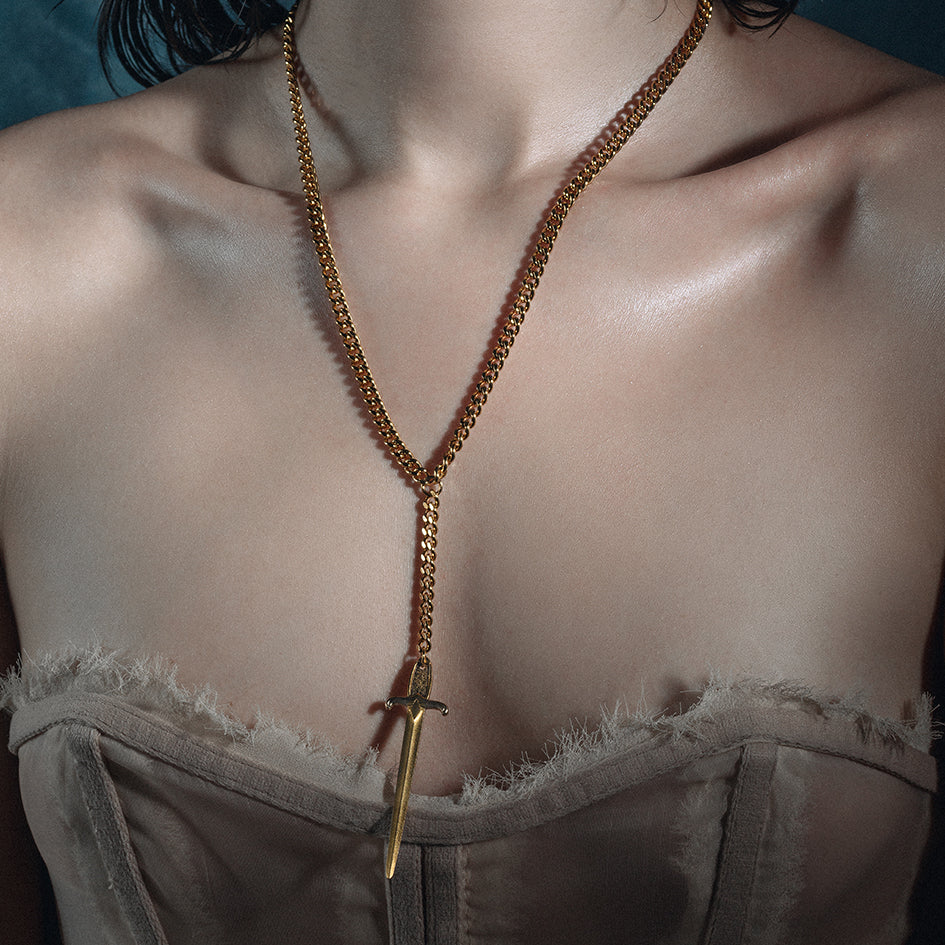 gothic sword lariat drop gold necklace