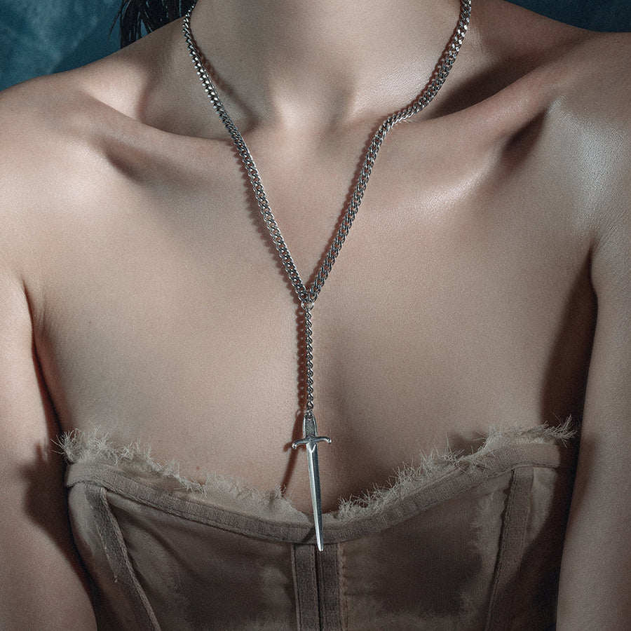 DEMISE. Sword Lariat Necklace - Silver gothic sword lariat drop silver necklace