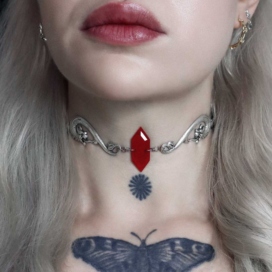 DRAKE. Red Glass Dragon Choker - Silver red glass dragon choker silver