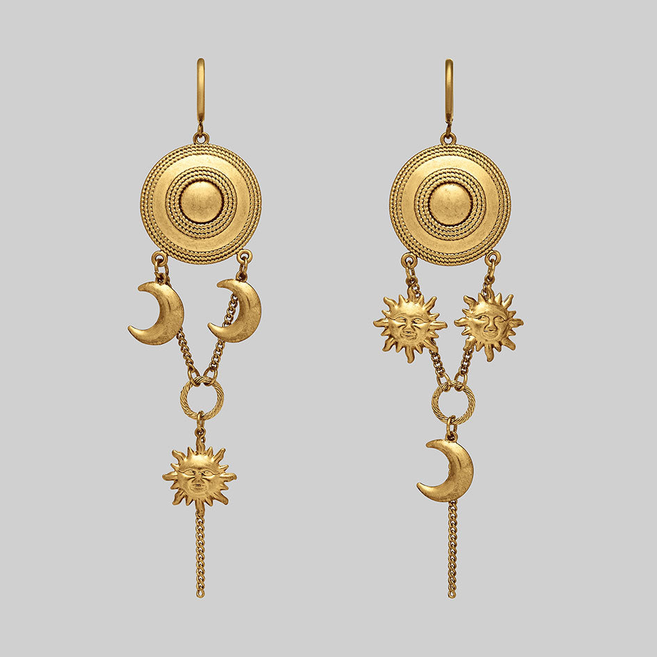 Gold cosmic gothic sun moon statement earrings