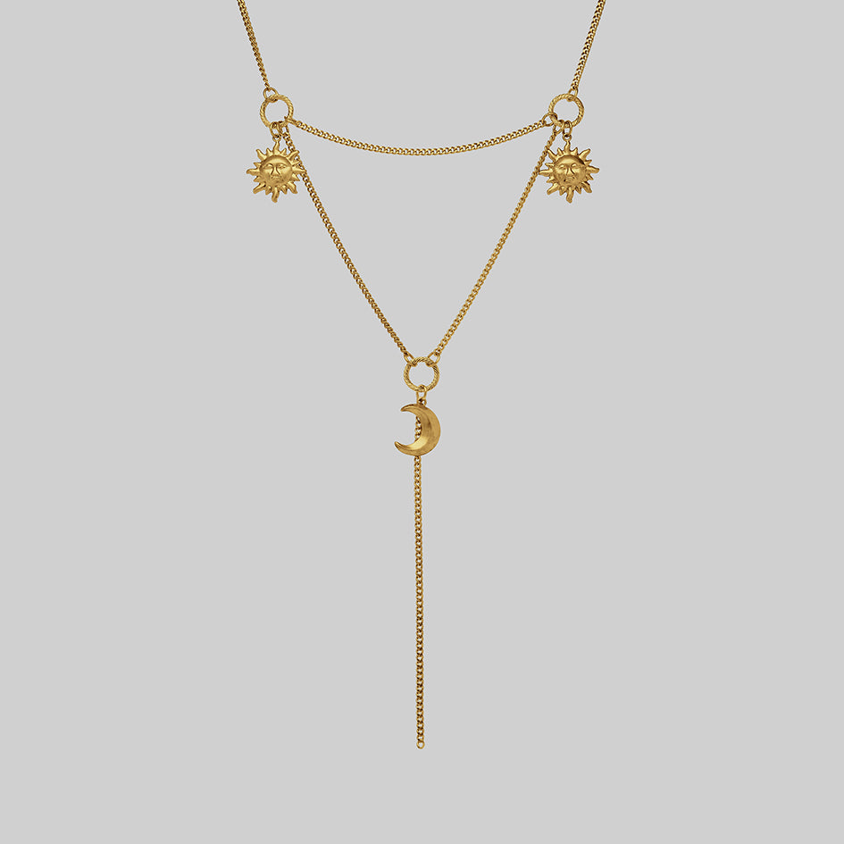 Gold crescent moon sun gothic layered necklace