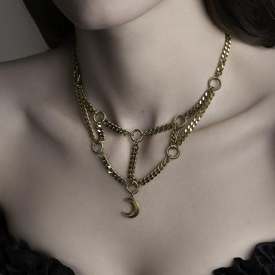crescent moon double layer gothic chain necklace