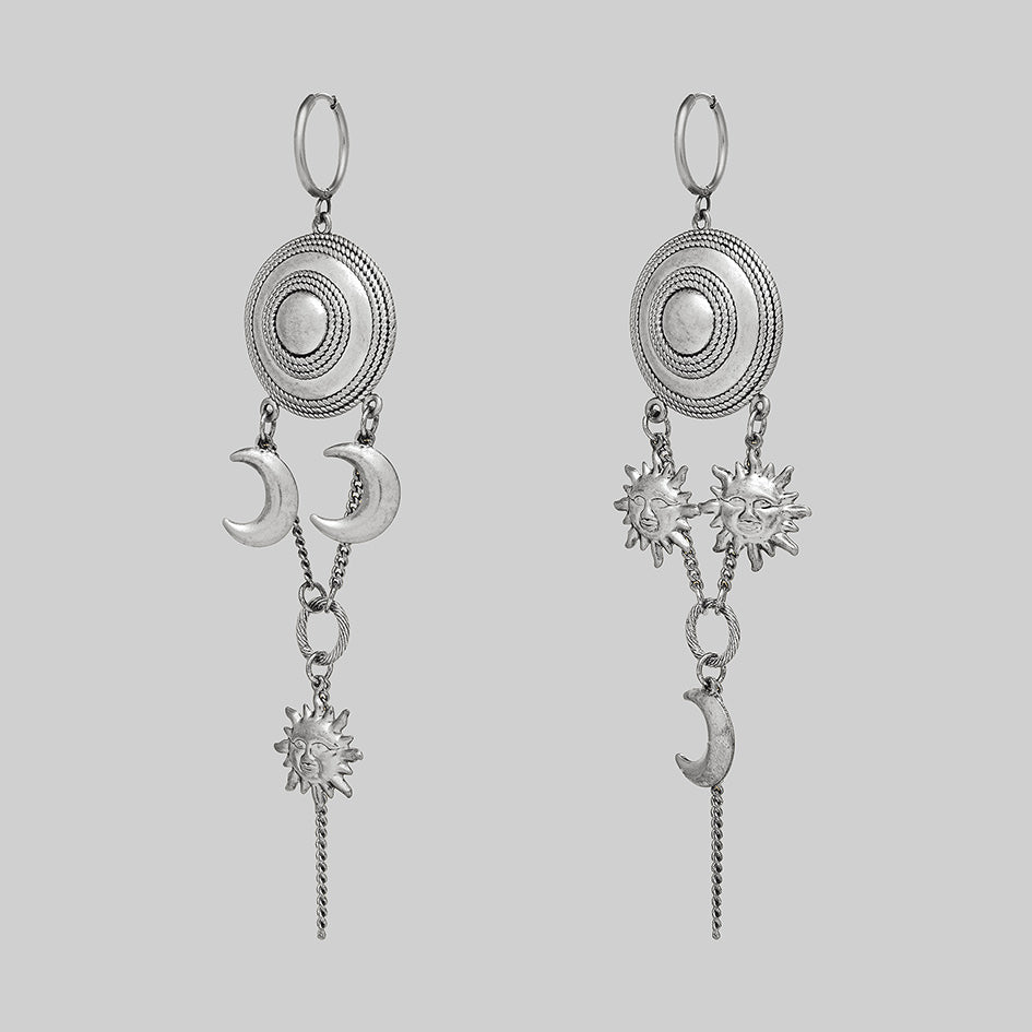 Silver drop gothic sun moon cosmic statement earrings