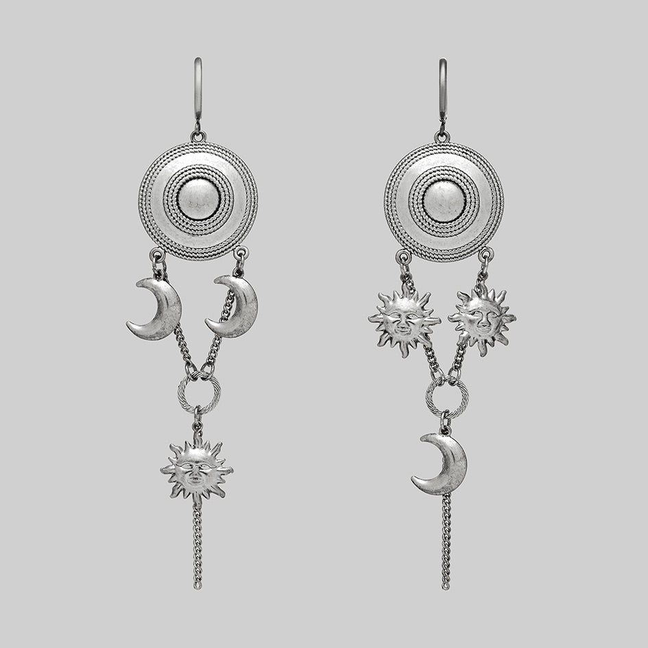Silver statement sun moon gothic drop earrings