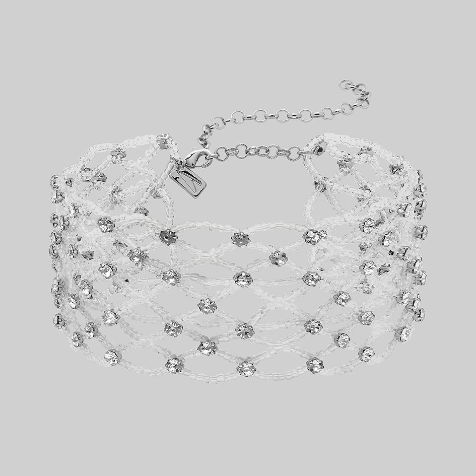 Elspeth cubic zirconia wide white glass beaded choker