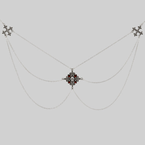 ELVIRA. Medieval Cross Garnet Ring - Silver