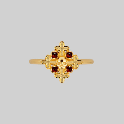 POISON. Garnet & Skulls Ring - Gold