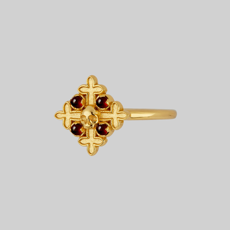 ELVIRA. Medieval Cross Garnet Ring - Gold detailed skull and cross gold plated ring
