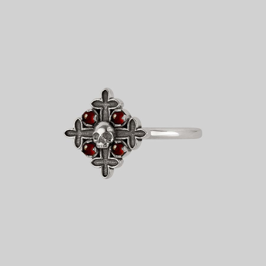 ELVIRA. Medieval Cross Garnet Ring - Silver sterling silver skull and cross ring