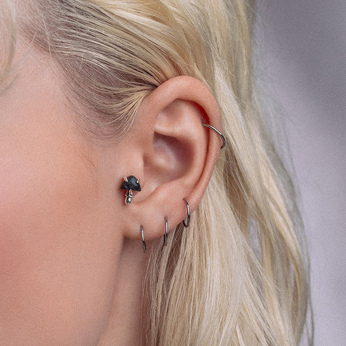 ENOKI. Tiny Mushroom Gemstone Stud Earring - Silver mushroom silver earring