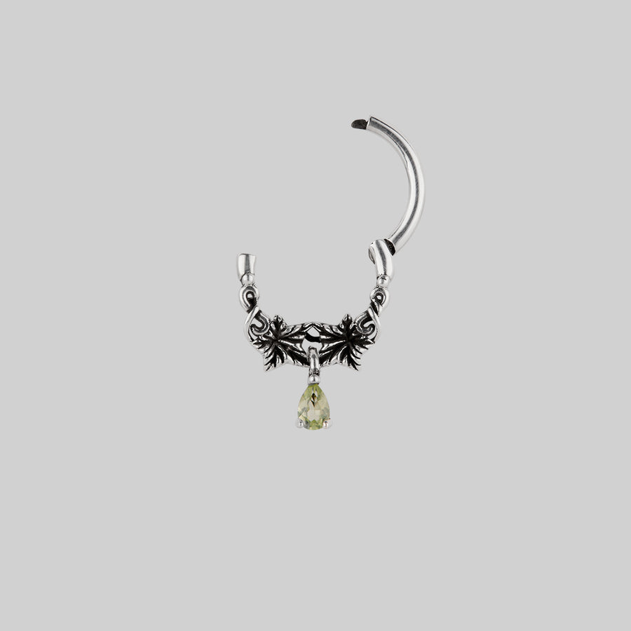 FERONIA. Peridot Droplet Septum - Silver ivy leaf peridot gemstone septum silver daith forward helix open