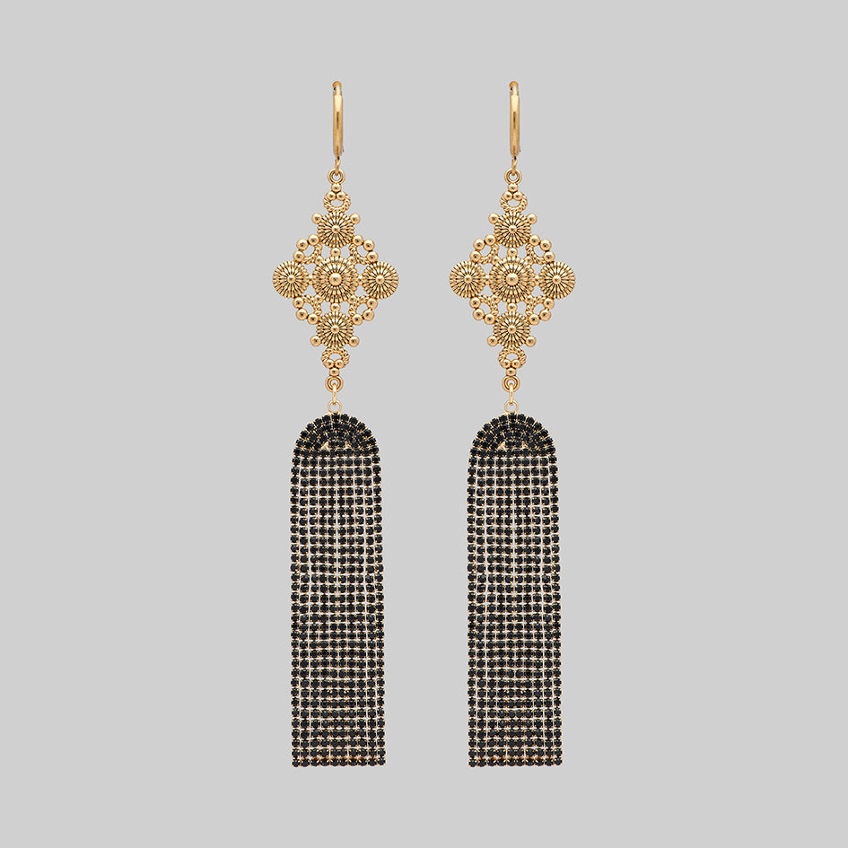 gold black gemstone gothic chandelier earrings