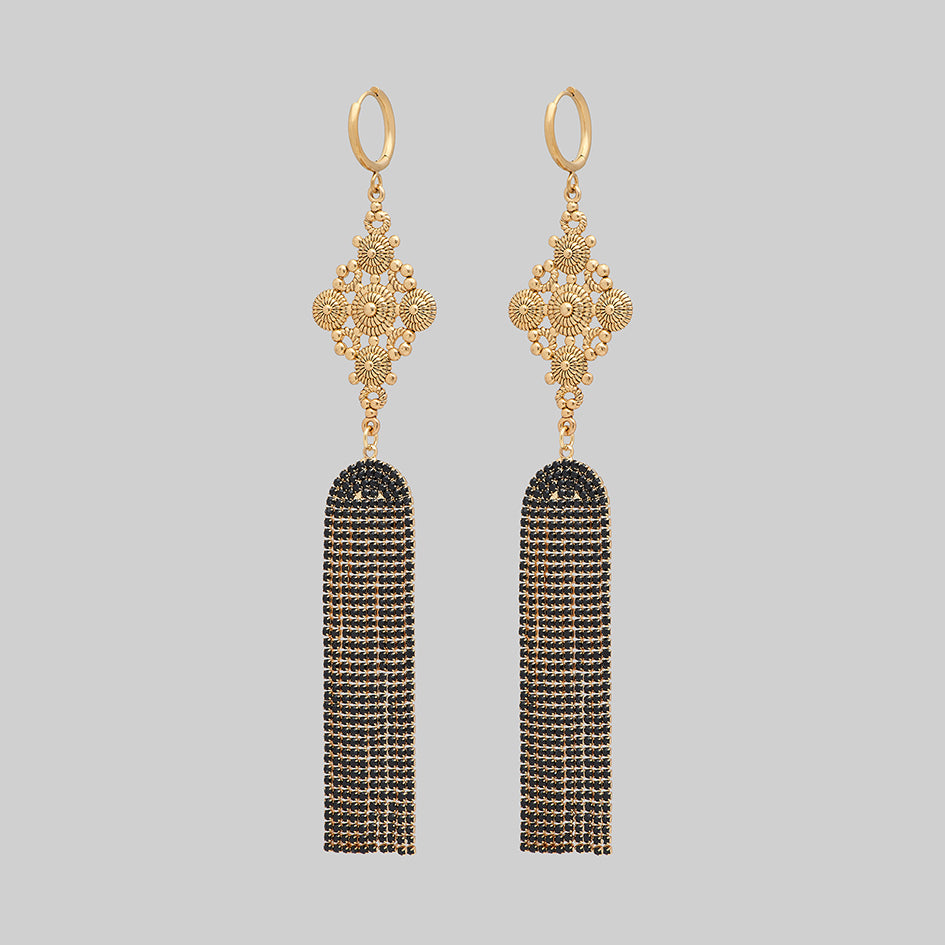 gold black gemstone chandelier art deco earrings