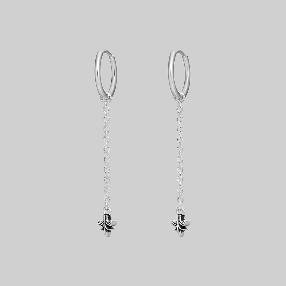 Fiora silver heraldic lily drop hoop earrings pair, side view