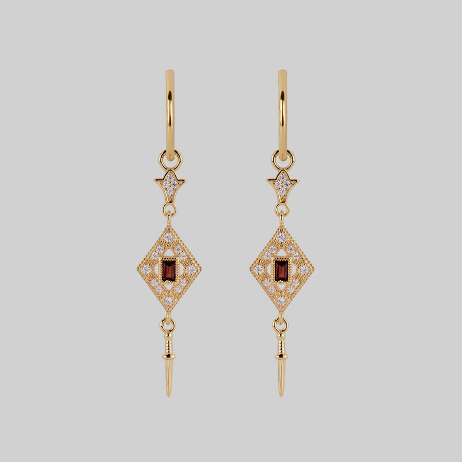FLAPPER. Gatsby Garnet & Sword Hoop Earrings - Gold