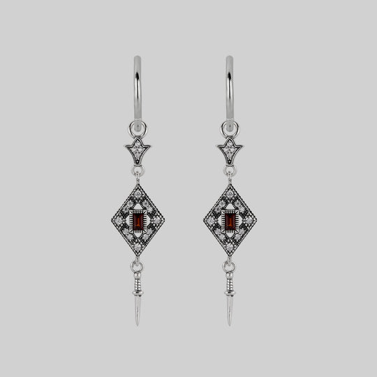 FLAPPER. Gatsby Garnet & Sword Hoop Earrings - Silver
