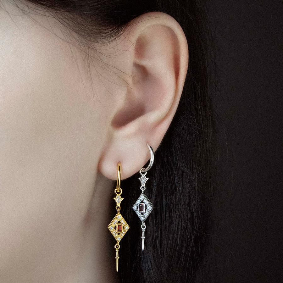 FLAPPER. Gatsby Garnet & Sword Hoop Earrings - Silver gatsby garnet and sword hoop silver earrings
