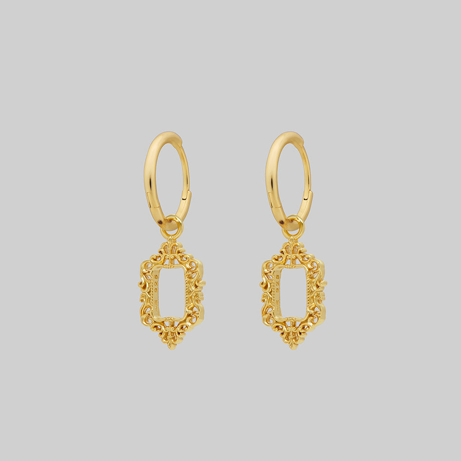 Gold ornate frame hoop earrings, pair, alternative angle
