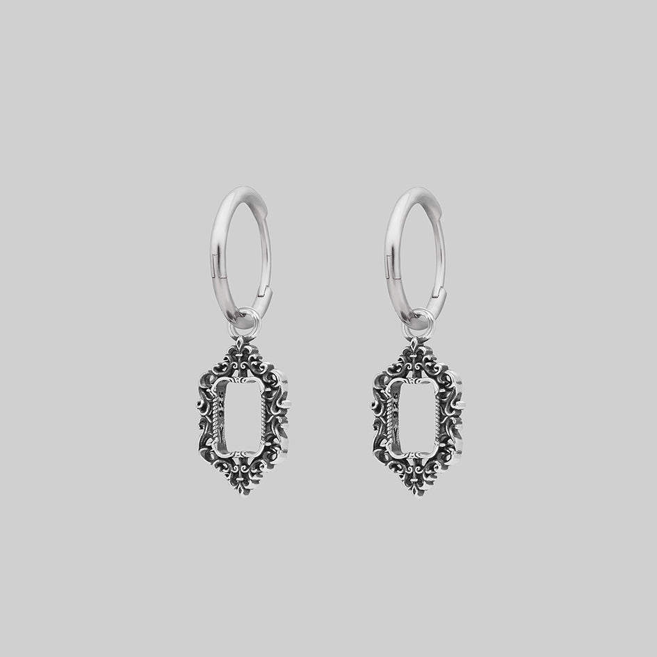 Silver ornate frame hoop earrings, pair, alternative angle