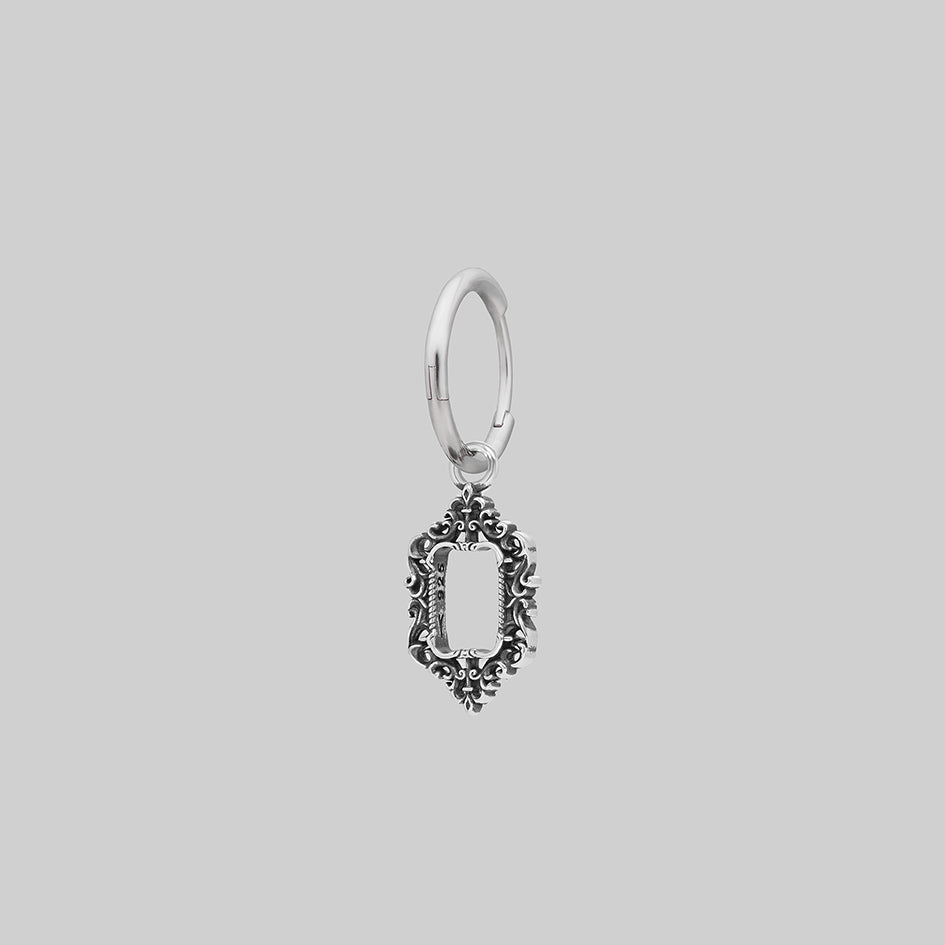 Single silver ornate frame hoop earring, alternative angle