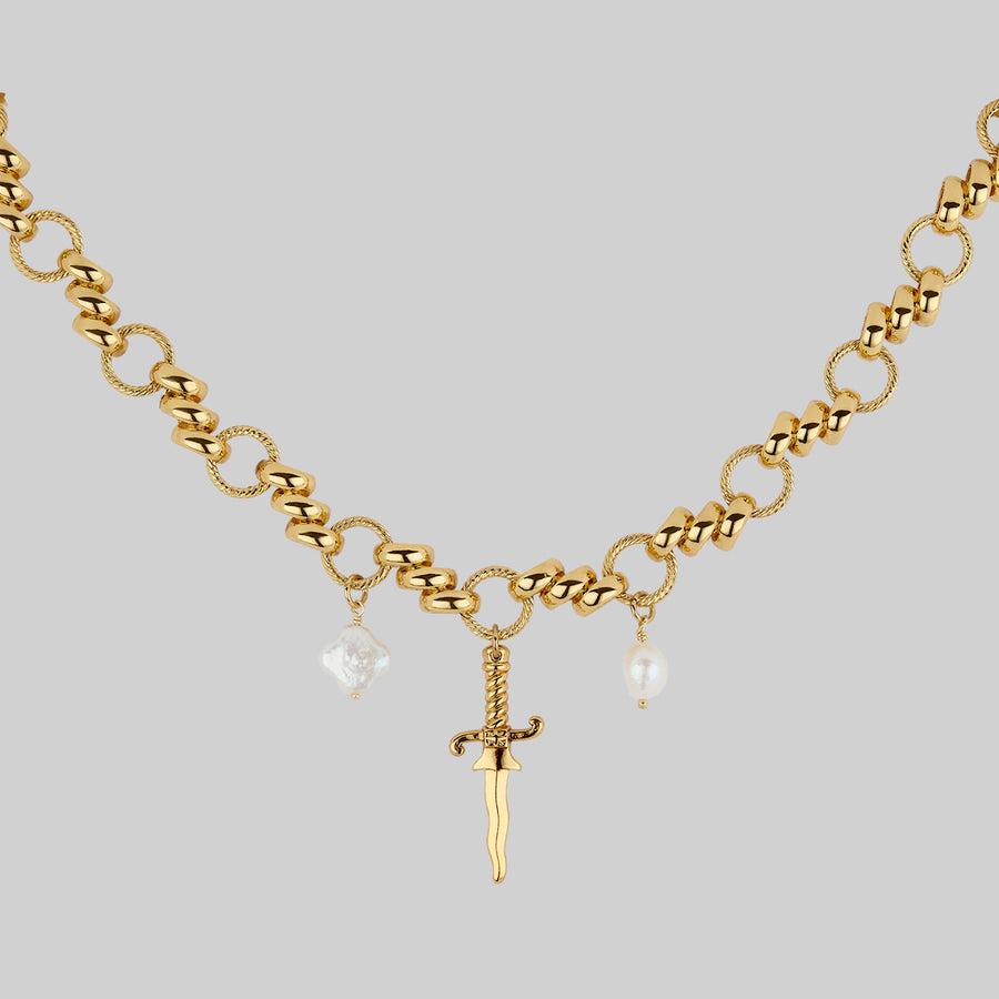 FORTUNE. Dagger & Pearl Charm Necklace - Gold