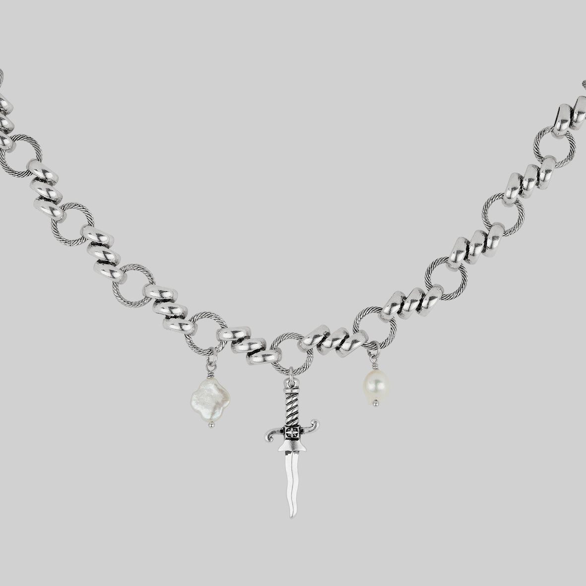 dagger pearl quatrefoil charm gothic necklace silver twisted rope chain
