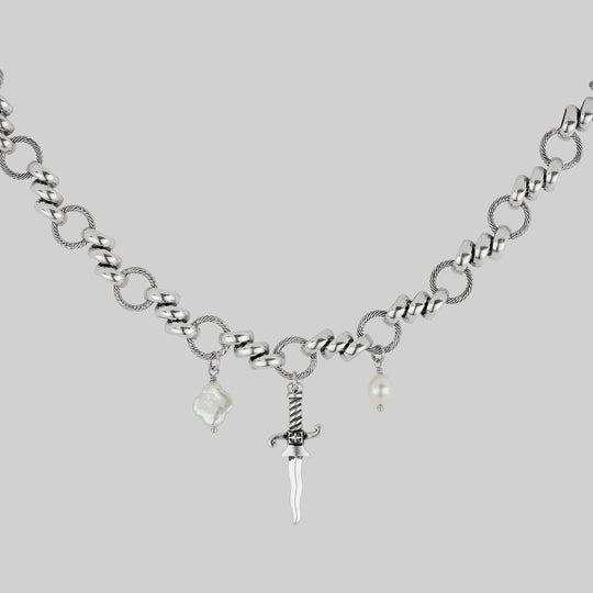 FORTUNE. Dagger & Pearl Charm Necklace - Silver