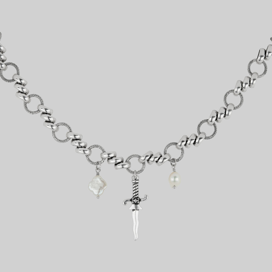 dagger pearl quatrefoil charm gothic necklace silver twisted rope chain