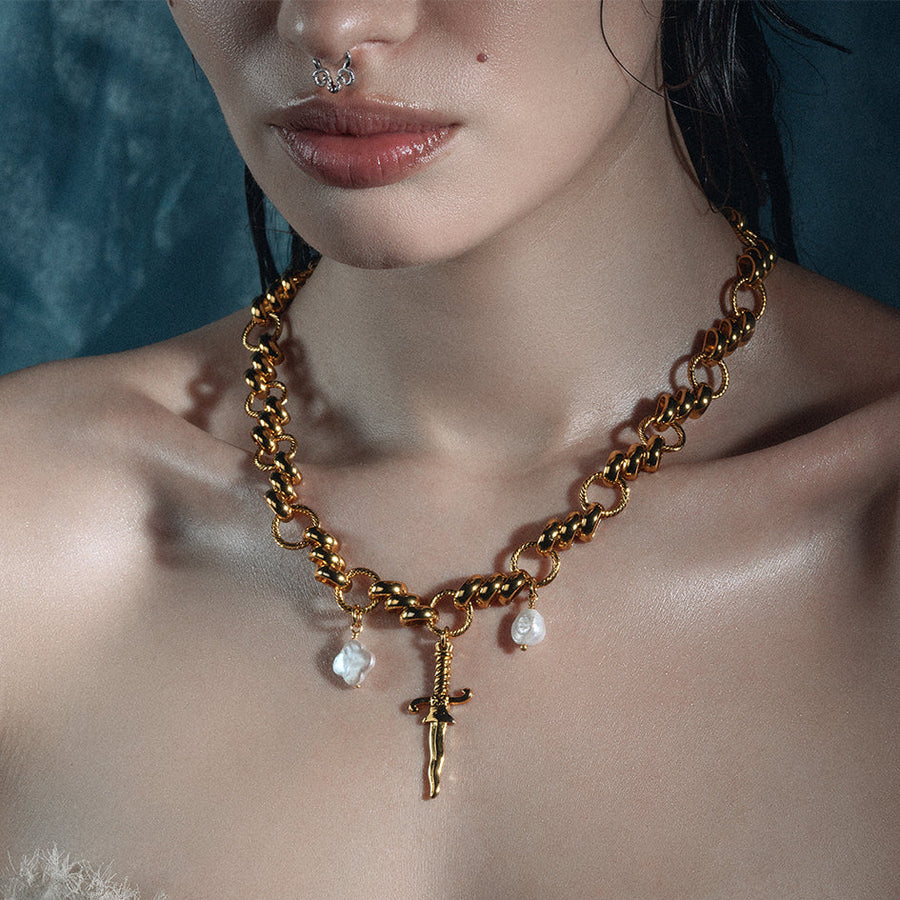 dagger pearl quatrefoil charm gothic necklace gold twisted rope chain